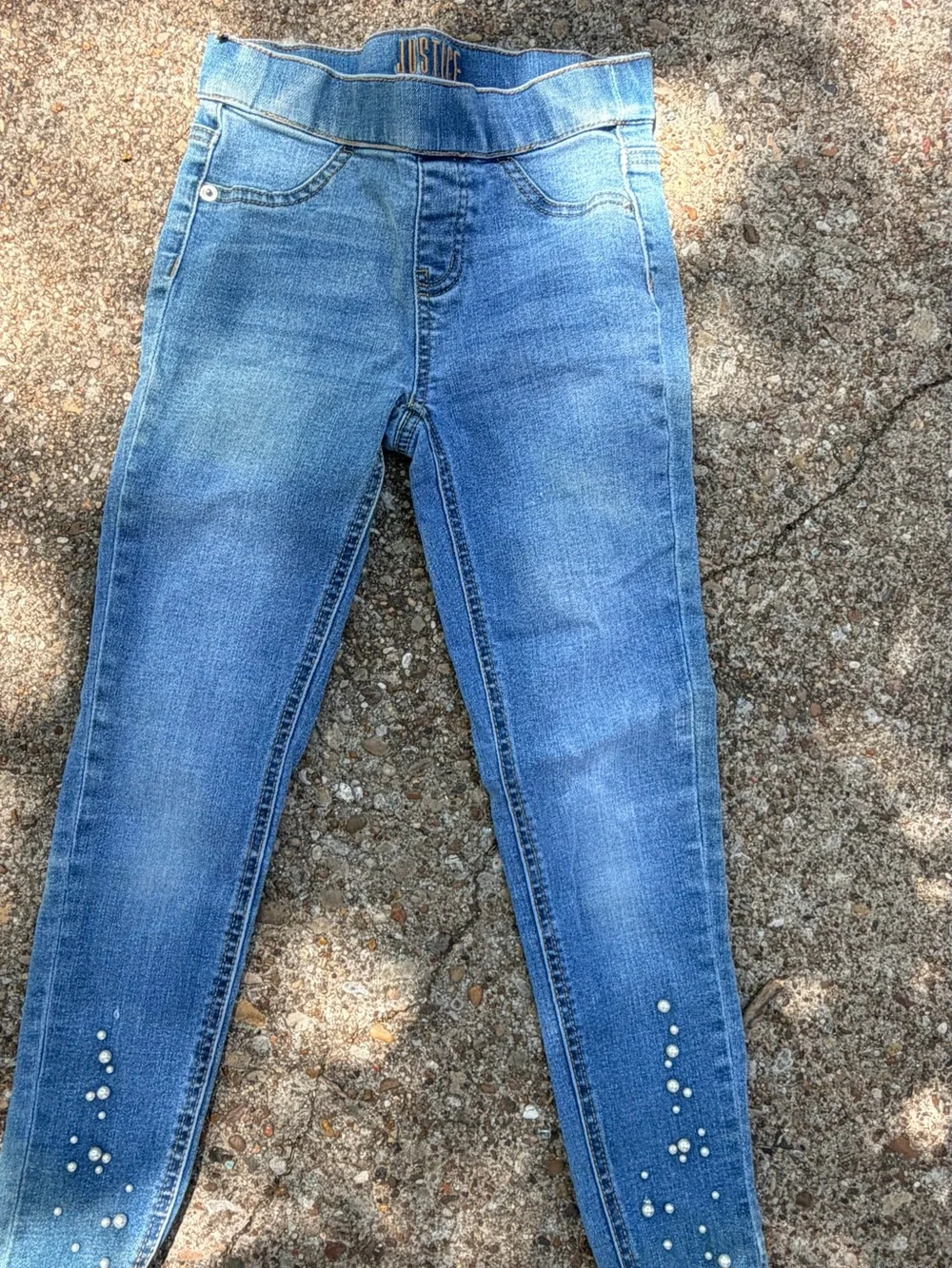 Justice Blue Skinny Jeans with Pearl Accent